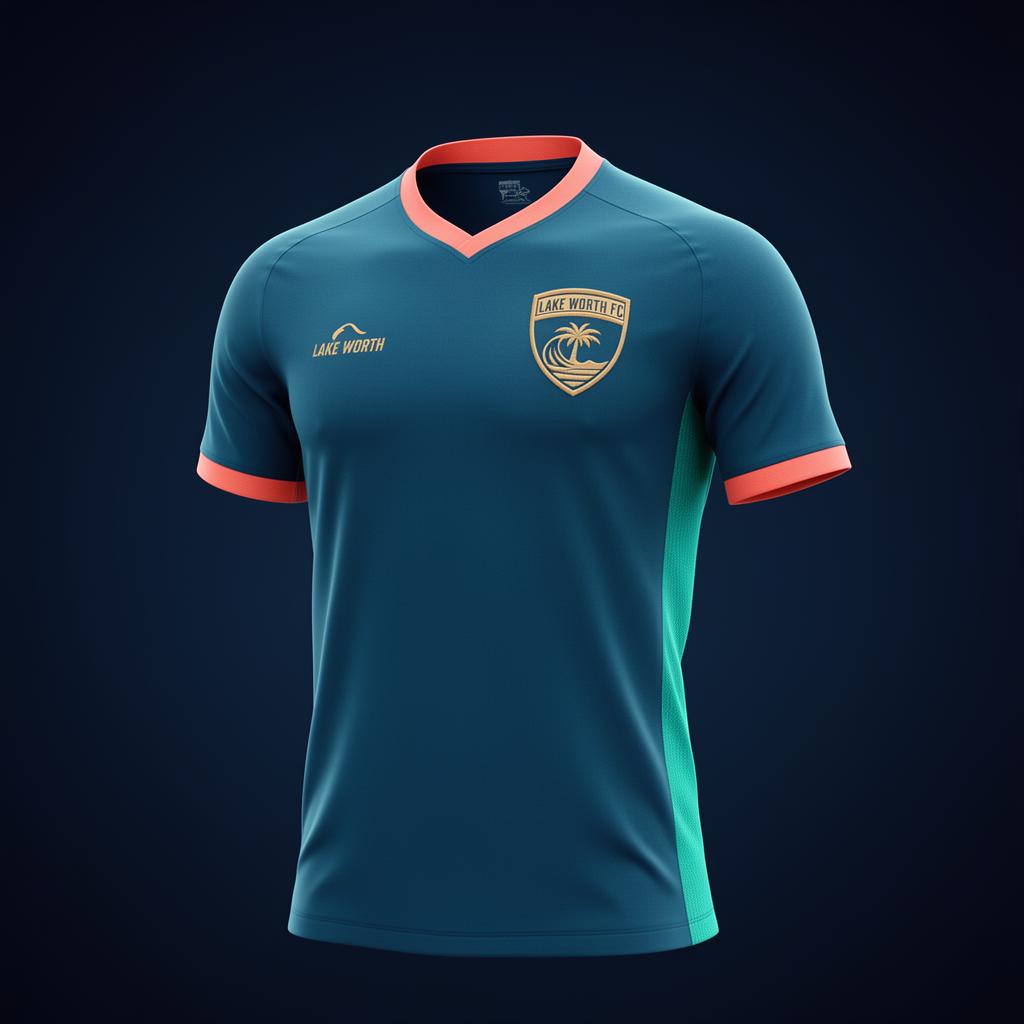 Lake Worth FC home jersey in ocean blue and teal with sand gold crest