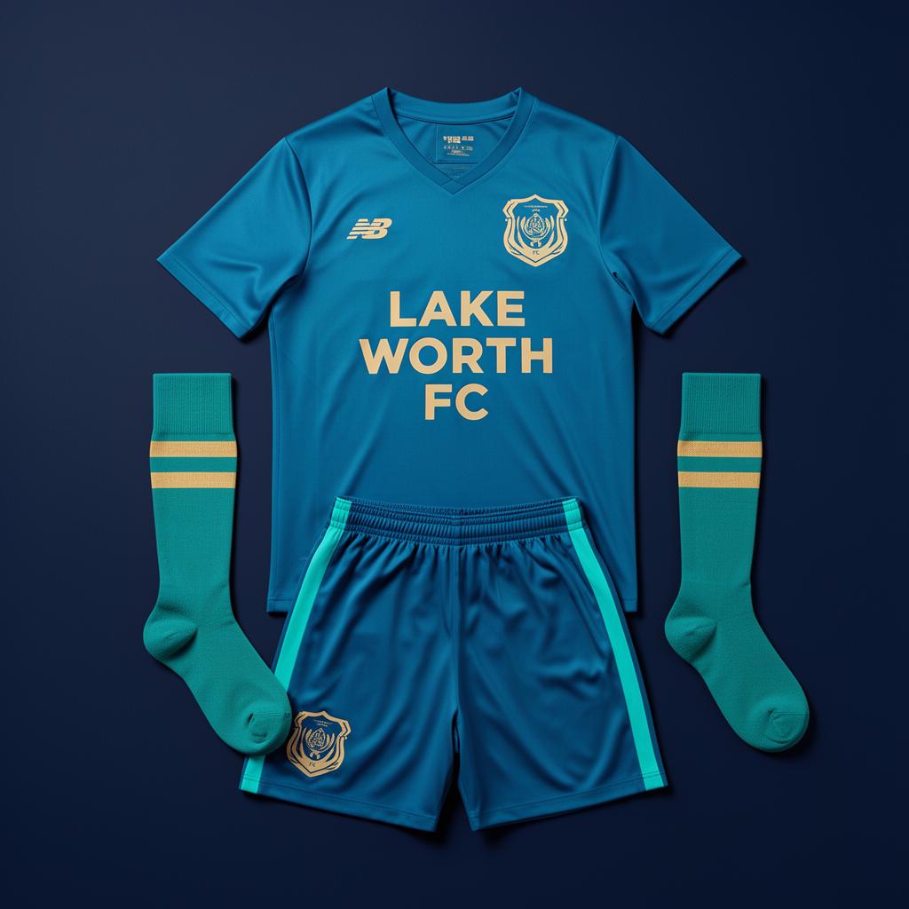 Complete Lake Worth FC player uniform kit including jersey, shorts and socks